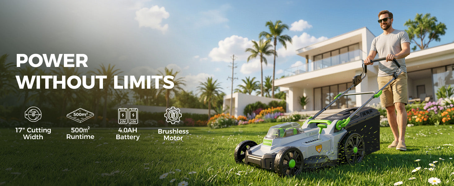 17" Cordless Lawn Mower, 40V Electric Lawnmower for Garden/Patio/Yard 2 x 20V 4.0Ah Battery, 17 inch Cutting Width, 6 Adjustable Height, 50L Grass Bag, Bagging Mode&Mulching Mode